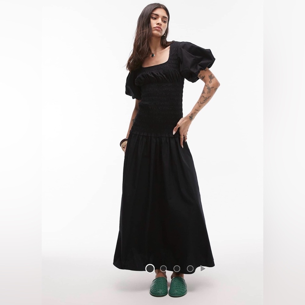 Topshop Black Smocked Maxi Dress with Puff Sleeves